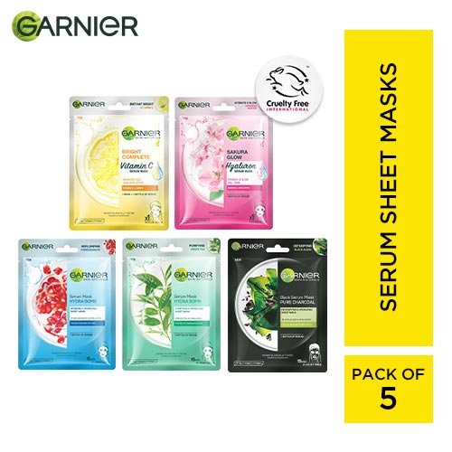 Garnier Sheet Mask Combo Pack of 5 - Charcoal + Sakura White + Bright Complete + Green Tea + Hydrabomb